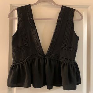 Plunging V Black Cropped Ruffle Tank